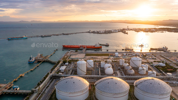 Aerial view oil terminal industrial facility storage tank oil and petrochemical product.