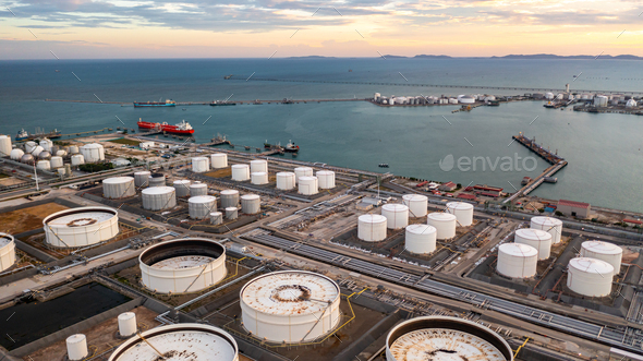 Aerial view oil terminal industrial facility storage tank oil and petrochemical products.