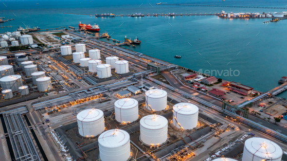 Aerial view oil terminal industrial facility storage tank oil and petrochemical product.