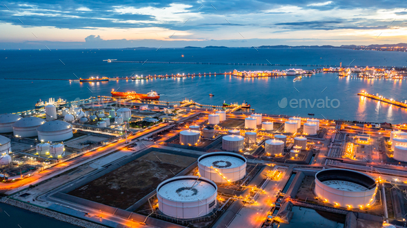 Aerial view oil terminal industrial facility storage tank oil and petrochemical products.