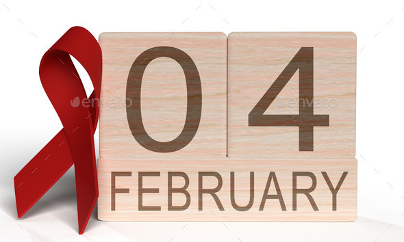Cube block wooden 04 text number fourth february red ribbon symbol world cancer day health campaign
