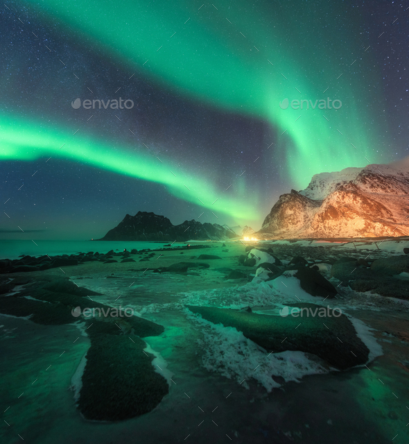 Aurora borealis above Uttakleiv beach in Lofoten islands, Norway - Stock Photo - Images