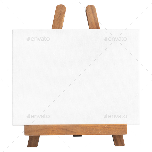 Wooden easel with blank canvas on white background