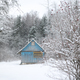 winter landscape panorama with wooden house in the forest. Snow covered hut. Christmas holiday and - PhotoDune Item for Sale
