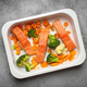 Top view of baking dish casserole with raw uncooked fish salmon steaks, broccoli, cauliflower - PhotoDune Item for Sale