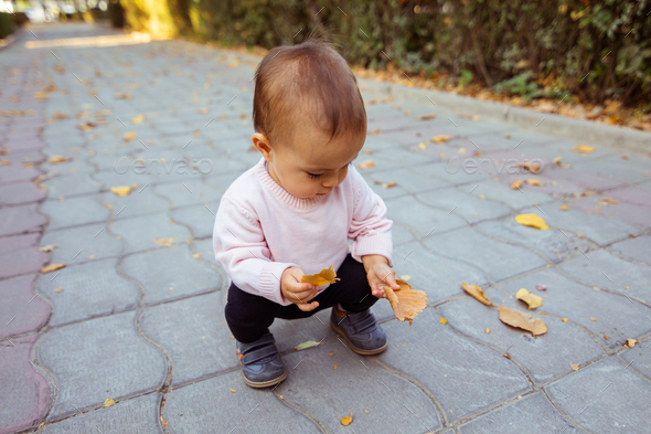 Toddler squat sitting picking up leafs