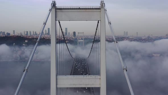 aerial video of Fatih Sultan Mehmet Bridge on a foggy day in Istanbul, Turkey. 2rd Bosphorus 06 alt