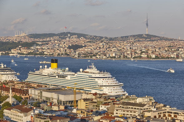 Maritime traffic in Bosphorus strait. Istanbul cityscape landmark view. Turkey