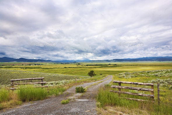 The Montana landscape, open grassland, fences, dirt road, and clouds. - Stock Photo - Images