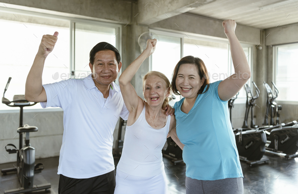 Group of friend elderly people Happy at gym. elderly exercise healthy lifestyle.