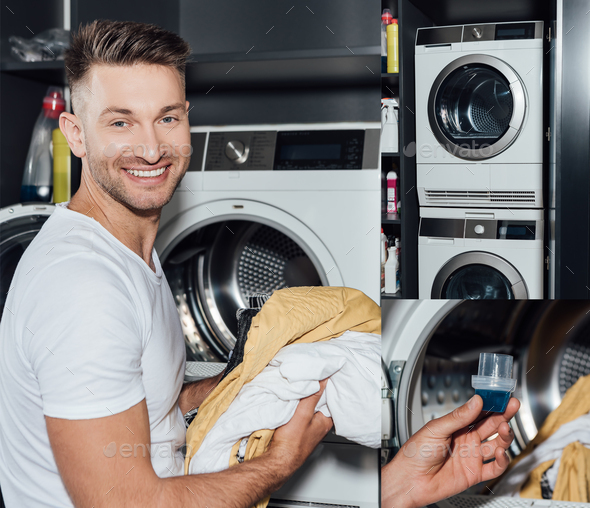 collage of cheerful man holding dirty clothing and measuring cup with  detergent near washing Stock Photo by LightFieldStudios