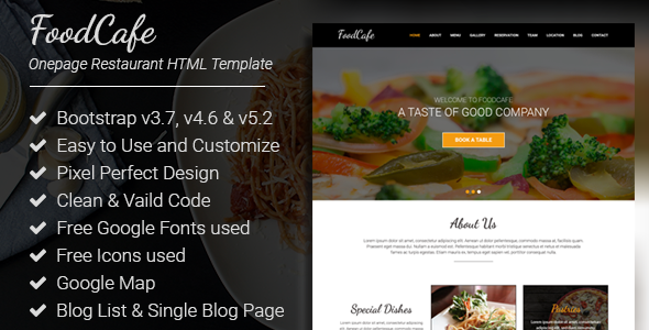 FoodCafe - Onepage Restaurant Responsive HTML Template by tCoderBD