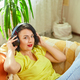 Female woman in headphones with eyes closed listening to music, podcast - PhotoDune Item for Sale