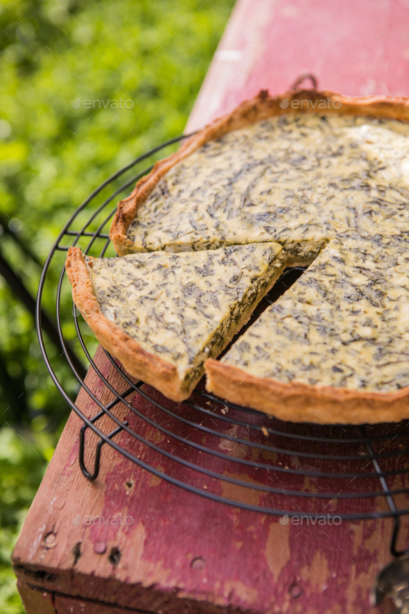 Quiche with spinach traditional dish of french cuisine. Spinach tart Stock Photo by sokorspace