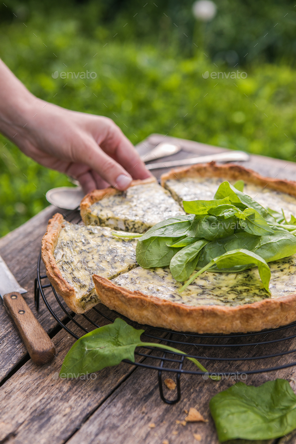 Quiche with spinach traditional dish of french cuisine. Spinach tart Stock Photo by sokorspace