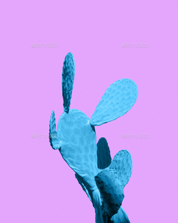 Fashion neon tropical blue cactus. Minimal trendy surrealistic still life pop art composition