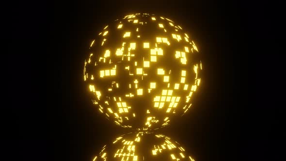 Rotating Golden Disco Ball with Glow Glare and Flashes and Reflection From the Surface