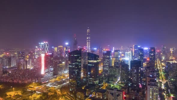 Shenzhen Urban Skyline at Night. Futian District. China. Aerial View alt