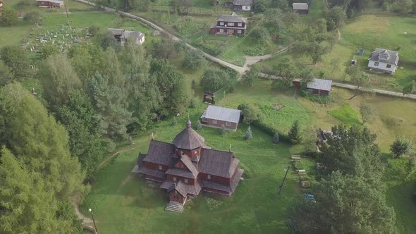 Old wooden Orthodox church in mountain village Kryvorivnia in Ukrainian Carpathians mountains