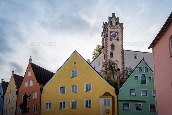 Colorful houses at Fussen Old Town with High Castle (Hohes Schloss) - Fussen, Bavaria, Germany - Stock Photo - Images