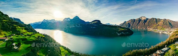 Aerial view of Lake of the Four Cantons, Morschach, Switzerland - Stock Photo - Images