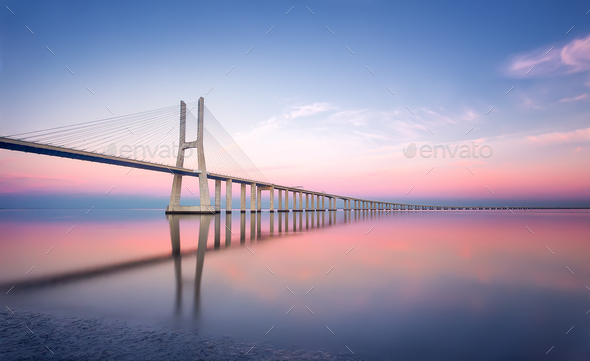 Vasco da Gama bridge in Lisbon at sunset, Portugal. Europe - Stock Photo - Images