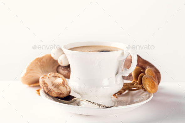 Mushroom coffee in white porcelain vintage cup
