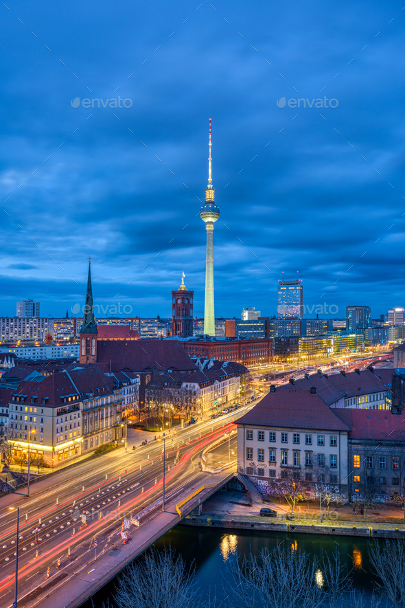 The center of Berlin with the famous TV Tower at twilight - Stock Photo - Images