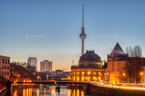 View along the river Spree to the famous TV Tower - Stock Photo - Images