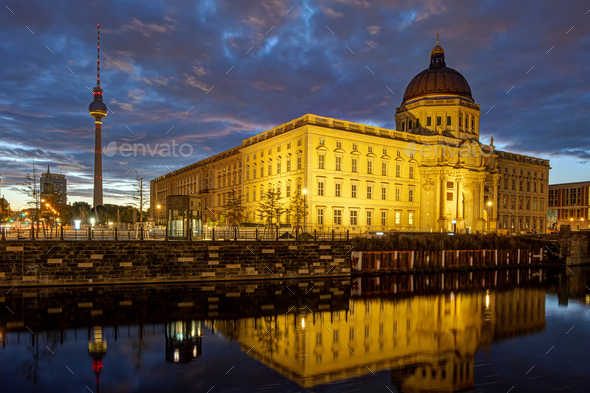 The rebuilt Berlin City Palace with the Television Tower - Stock Photo - Images
