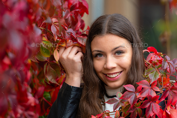 portrait of positive young woman posing in red autumn ivy wall outdoor - Stock Photo - Images