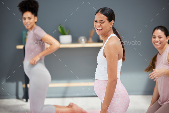 Pregnant, yoga or women in class laughing in training, body exercise or fitness workout in house st