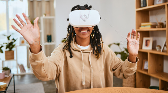 Virtual reality, vr metaverse and happy black woman with cyber ui dashboard, augmented reality or f