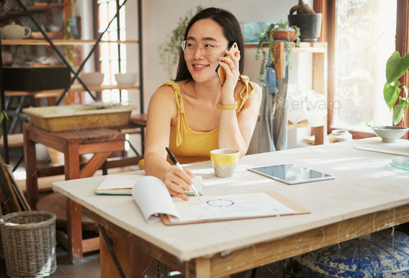 Phone call, illustration and Asian woman for creative startup in planning, conversation and talking