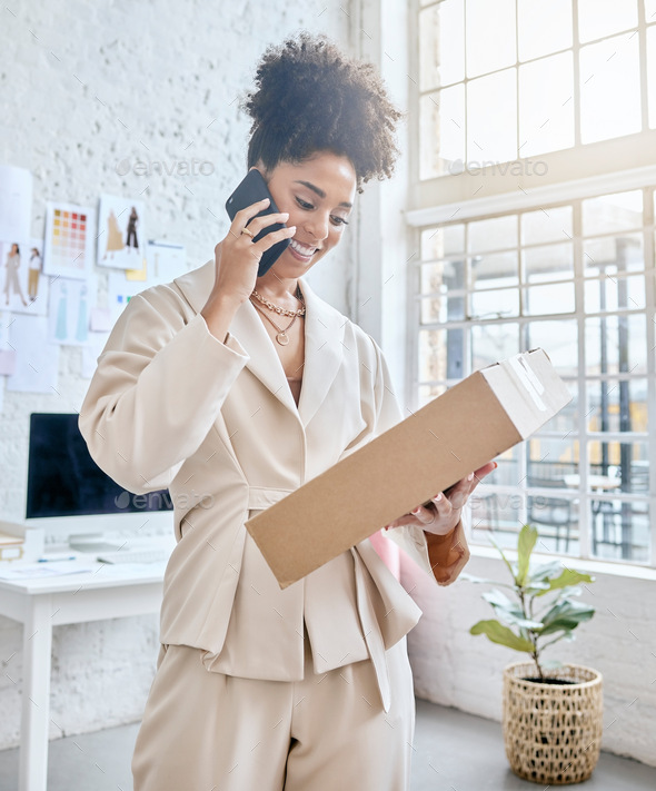 Package, phone call and logistics woman or small business owner talking to courier services, ecomme