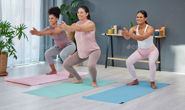 Pregnant, fitness or women in yoga class for balance, body exercise or workout in house living room