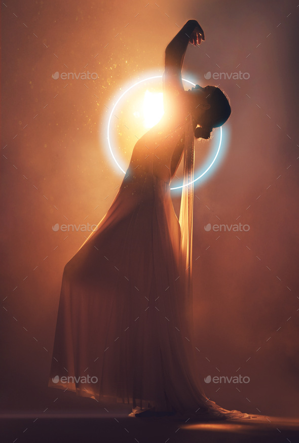 Orange lighting, art deco and silhouette of woman with neon circle for creative fashion, fantasy an