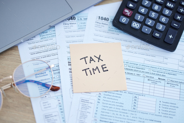 Tax time, finance accounting and form for government law compliance, file income revenue return or