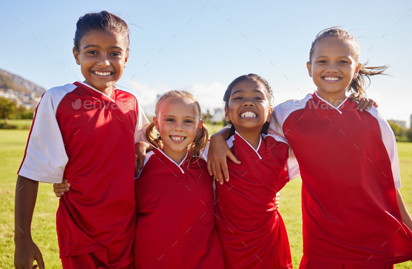 Girl, soccer group portrait and field with smile, team building happiness and solidarity for sport - Stock Photo - Images
