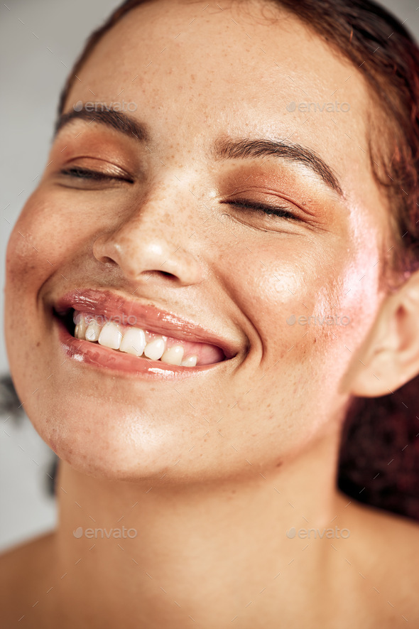Skincare, natural beauty and face with a smile of happy person for dermatology, makeup and cosmetic - Stock Photo - Images