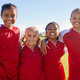 Girl, soccer group portrait and field with smile, team building happiness and solidarity for sport - PhotoDune Item for Sale
