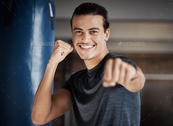 Man, smile portrait and fist fight for fitness in gym for exercise workout, boxing training and spo - Stock Photo - Images