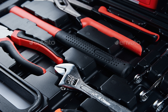 Toolbox with hand instruments for repair and maintenance, close up - Stock Photo - Images