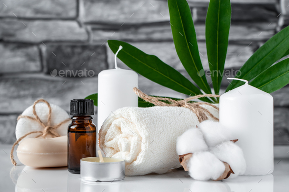 Spa and wellness accessories on gray stone background. Concept of face and body care. - Stock Photo - Images