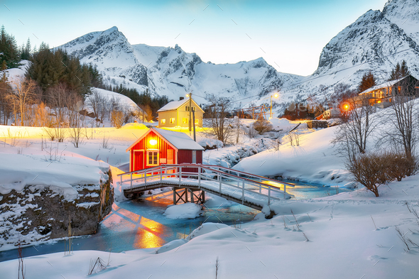 Fabulous evenihg scenery of Norwegian Nusfjord village. - Stock Photo - Images