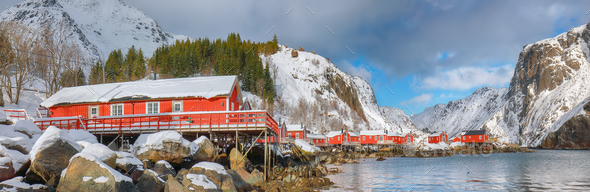 Awesome morning seascape of Norwegian sea and cityscape of Nusfjord village. - Stock Photo - Images