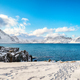 Picturesque winter view on Flakstad coastline seen from the oposite side in the morning. - PhotoDune Item for Sale