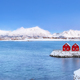 Breathtaking scenery wit traditional red wooden houses on the shore of Offersoystraumen fjord. - PhotoDune Item for Sale