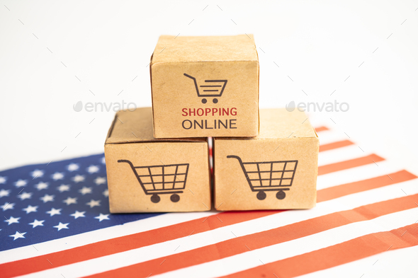 Box with shopping online cart logo and USA America flag, Import Export Shopping online