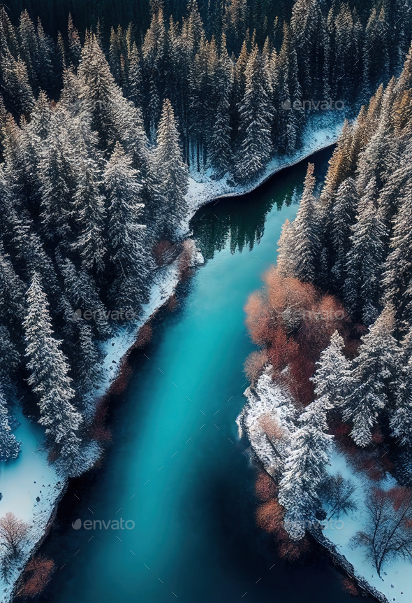 Drone view of winter landscape with pine forest covered with snow and mountain lake.  - Stock Photo - Images